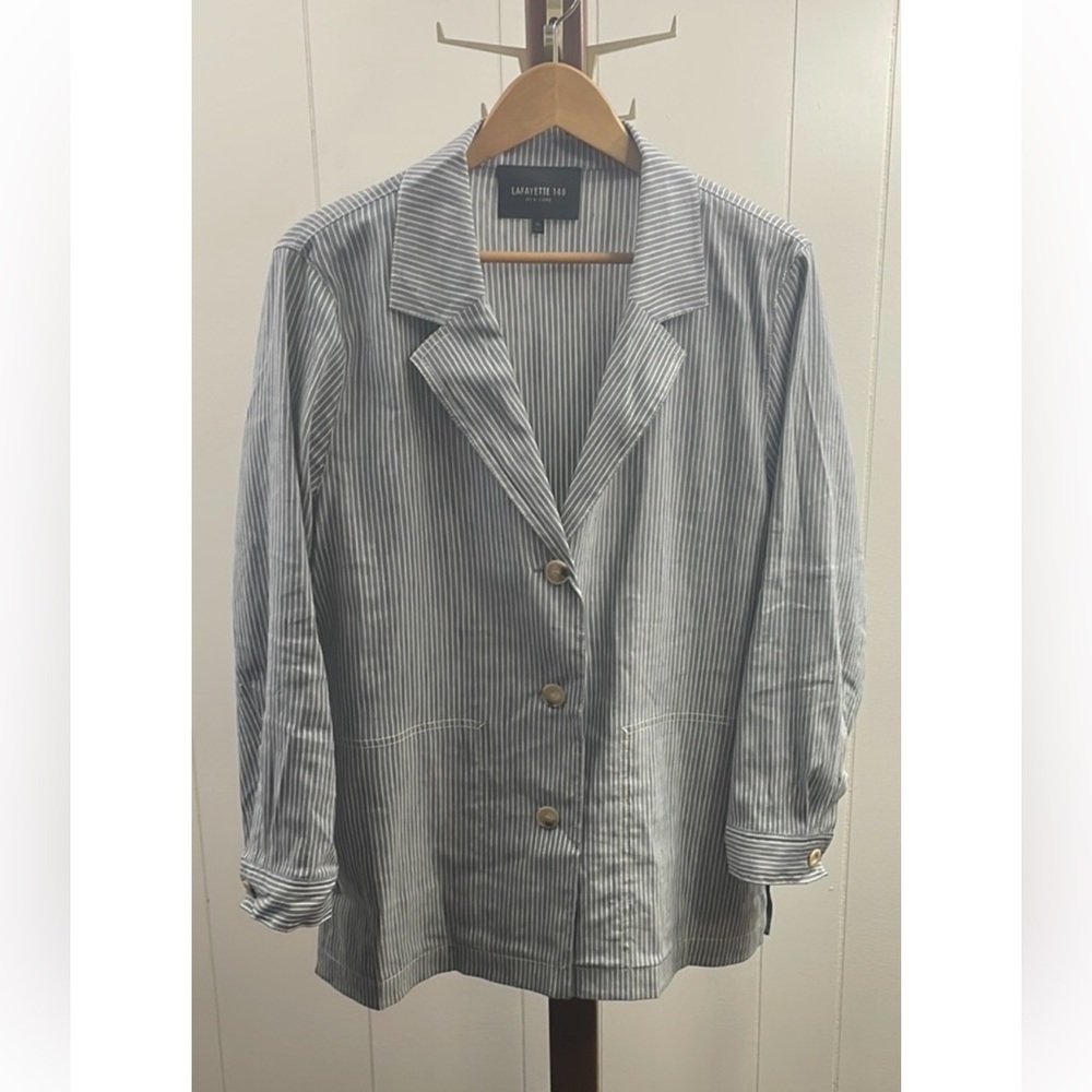 Lafayette 148 New York Blue and White Striped Linen Blend Blazer